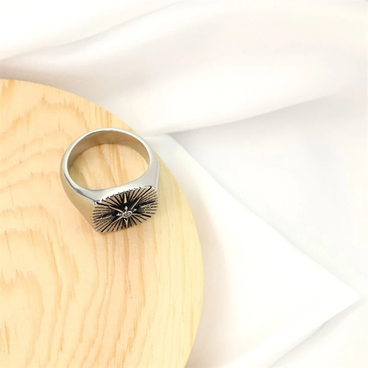 Sunburst Carved Stainless Steel Signet Ring best